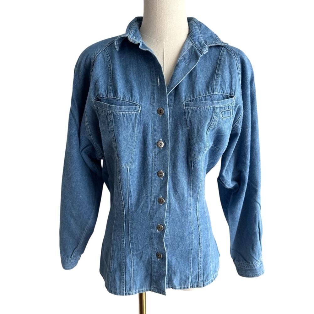 Vintage 90s Denim Button Up Shirt Womens Sz 6 Blue Chambray Padded Shoulders EUC